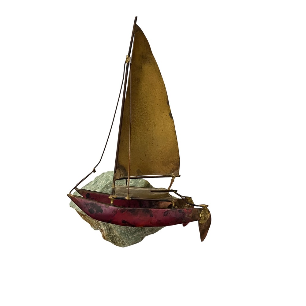 Vintage  Sailboat Sculpture  Gold Red Brutalist Metal Stone Base MS‎